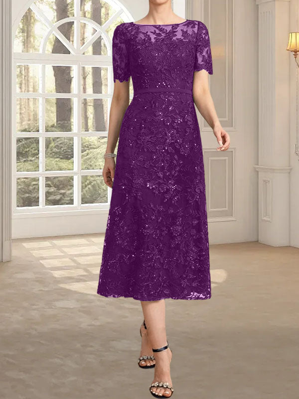 Vestido de madre de la novia de encaje con lentejuelas, corte A, escote ilusión y largo hasta la rodilla