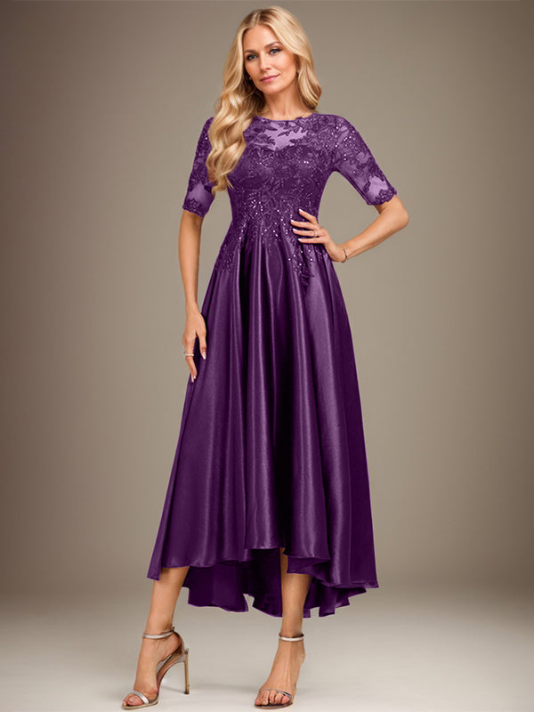 Vestido de madre de la novia de encaje satinado elástico asimétrico con ilusión de escote redondo y lentejuelas