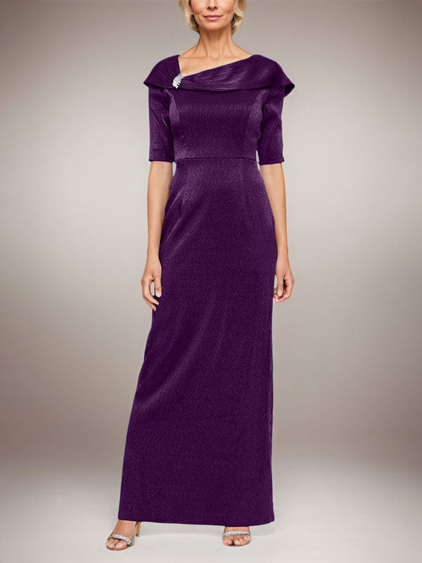 Vestido largo de columna brillante con puños doblados, escote en L y mangas hasta el codo