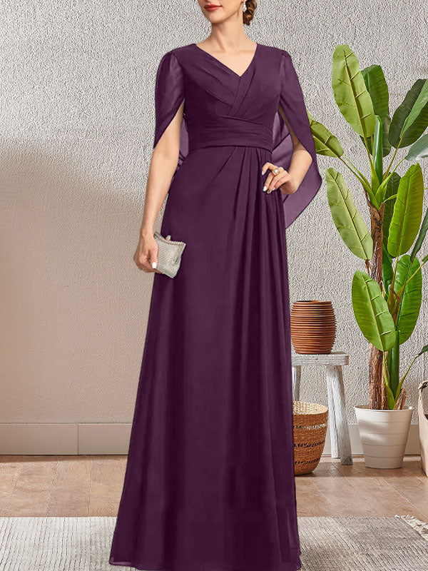 Vestido largo azul marino oscuro con escote en V y corte A para madre de la novia