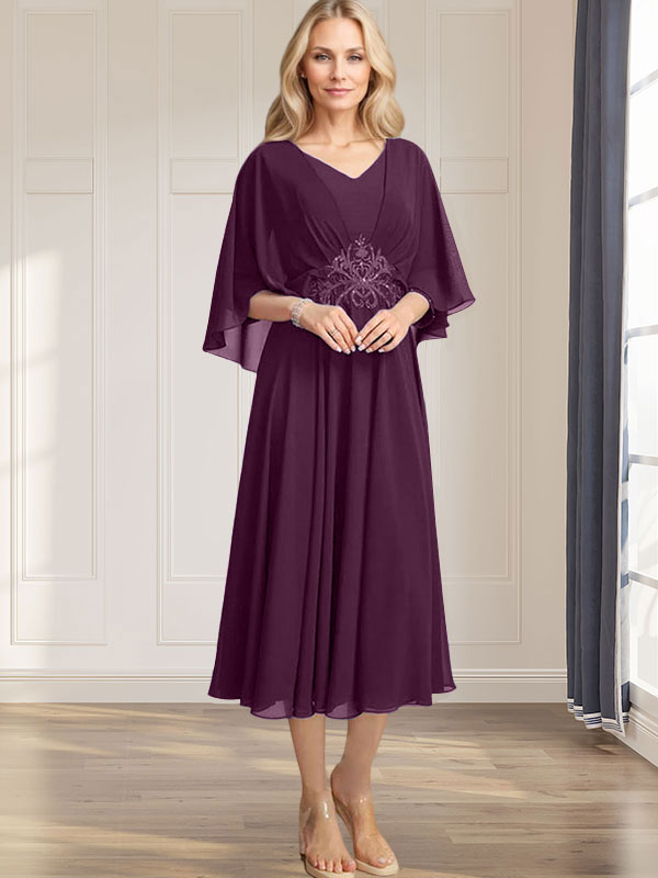 A-Linie V-Ausschnitt Wadenlanges Chiffonkleid für die Brautmutter mit plissierten Paillettenapplikationen Spitzenbesatz 