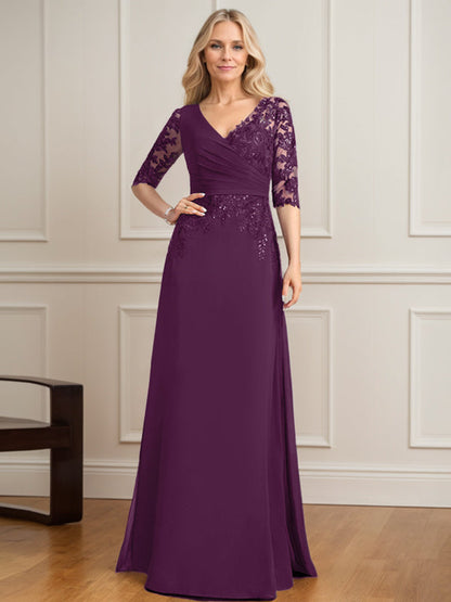 A-Linien-Kleid mit V-Ausschnitt, bodenlangem Spitzenchiffon und plissierten Pailletten 