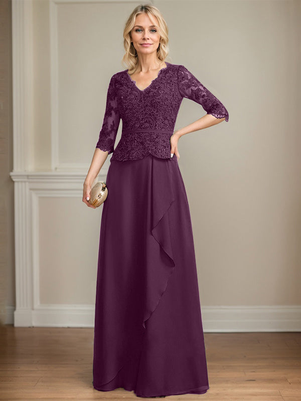 A-Linie V-Ausschnitt Bodenlanges Spitzen-Chiffon-Kleid für die Brautmutter mit kaskadierenden Rüschen und Pailletten 