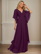 Vestido de gasa para madre de la novia, corte A, escote en V, largo hasta el suelo, con apliques de lentejuelas, encaje y abalorios