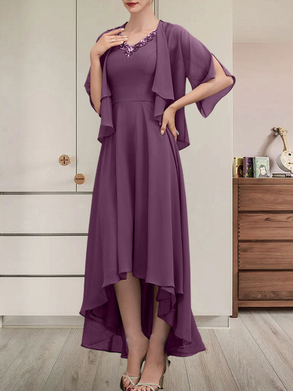 A-Linien-Kleid mit V-Ausschnitt, asymmetrischem Chiffon für die Brautmutter mit Perlen und Pailletten