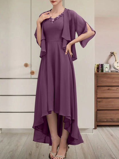 A-Linien-Kleid mit V-Ausschnitt, asymmetrischem Chiffon für die Brautmutter mit Perlen und Pailletten