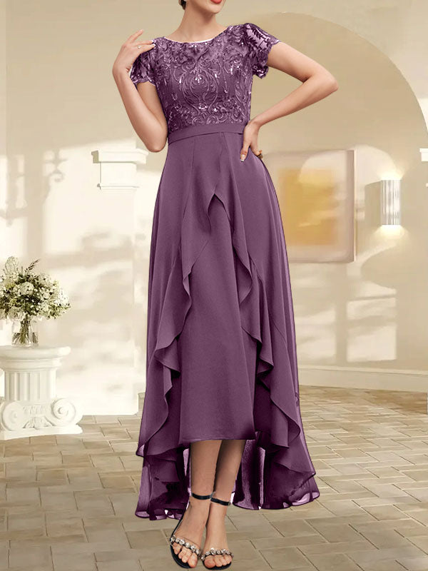 Vestido de madre de la novia de gasa asimétrica con escote en A, ilusión, encaje, lazo, volante y lentejuelas