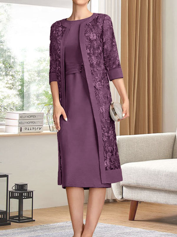 Vestido de gasa para madre de la novia con escote redondo hasta la rodilla, corte tubo/columna y lentejuelas plisadas
