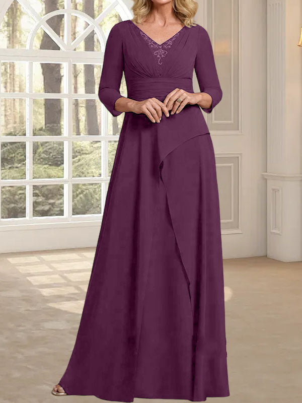 Vestido de gasa para madre de la novia con escote en V, largo hasta el suelo, con pliegues y cuentas