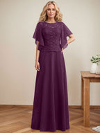 Vestido de gasa con encaje y lentejuelas para madre de la novia, corte A, escote ilusión, largo hasta el suelo
