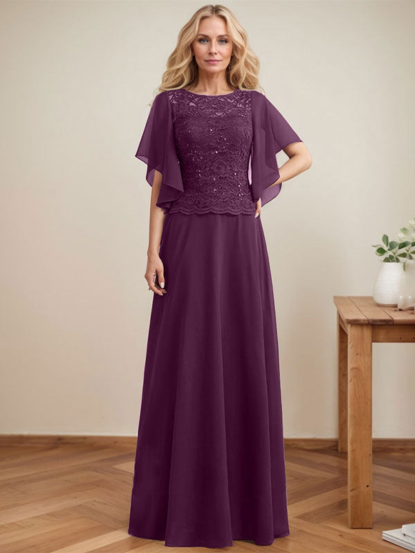 Vestido de gasa con encaje y lentejuelas para madre de la novia, corte A, escote ilusión, largo hasta el suelo