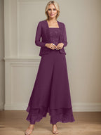 Vestido de madre de la novia de gasa con encaje y lentejuelas, largo hasta los tobillos, con mono/pantalón separado