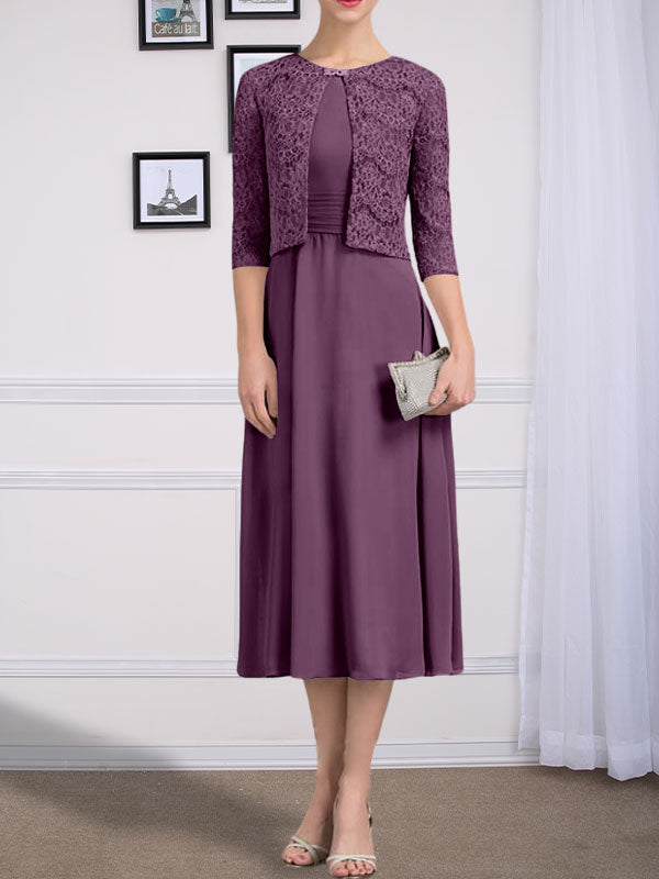 Vestido de gasa para madre de la novia con corte en A, escote redondo y largo hasta la rodilla con pliegues