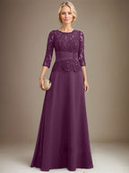 Vestido de gasa con encaje, corte A, ilusión, largo hasta el suelo, para madre de la novia, con lentejuelas plisadas y abalorios