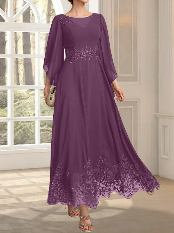 Vestido de gasa con encaje y lentejuelas para madre de la novia, corte A, escote ilusión, largo hasta los tobillos