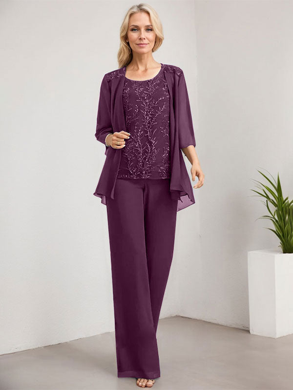 Vestido de madre de la novia de gasa con encaje, largo hasta el suelo, con lentejuelas y mono/pantalón separado