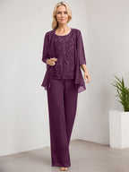 Vestido de madre de la novia de gasa con encaje, largo hasta el suelo, con lentejuelas y mono/pantalón separado