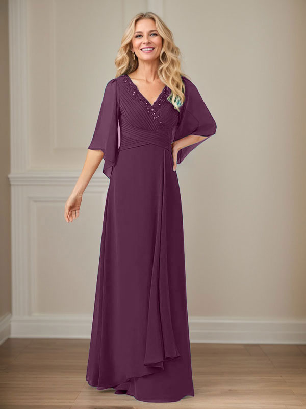 A-Linie V-Ausschnitt Lange Pailletten Chiffon Mutterkleid