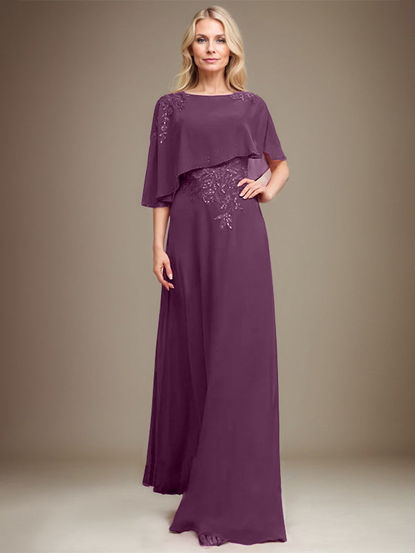 A-Linie U-Ausschnitt Bodenlang Chiffon Spitze Kleid für die Brautmutter mit Pailletten und Perlen 