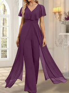 Vestido de noche de gasa con escote en V y largo hasta el suelo, tipo mono/pantalón