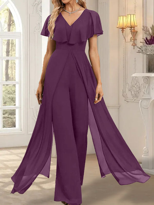 Vestido de noche de gasa con escote en V y largo hasta el suelo, tipo mono/pantalón