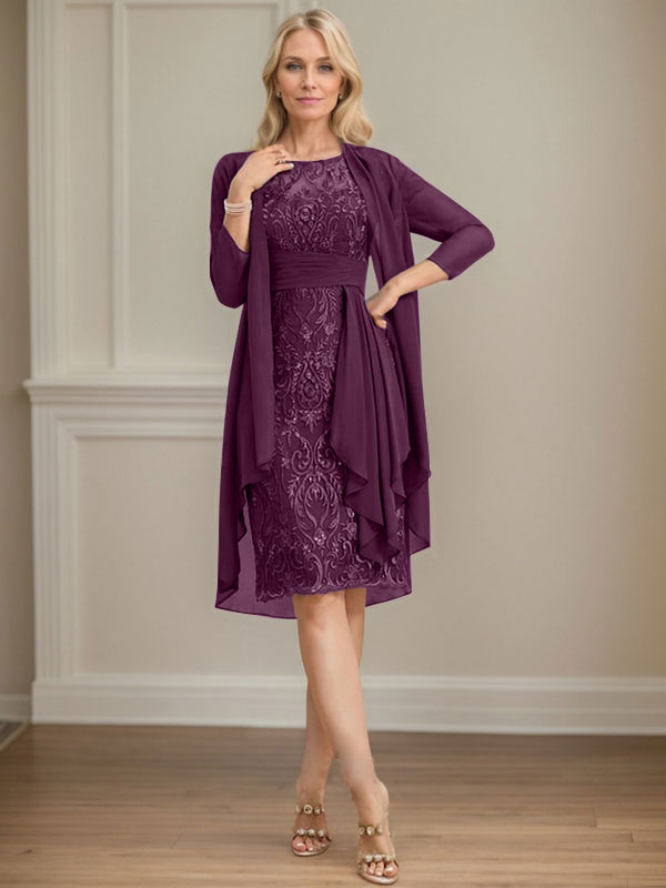 Vestido de madre de la novia de gasa con encaje, escote redondo, ilusión, largo hasta la rodilla, con volantes en cascada y lentejuelas