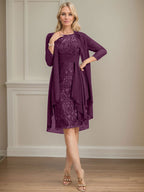 Vestido de madre de la novia de gasa con encaje, escote redondo, ilusión, largo hasta la rodilla, con volantes en cascada y lentejuelas