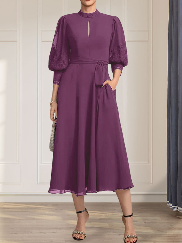 A-Linien-Kleid mit hohem Halsausschnitt und bodenlangem Spitzenchiffonkleid mit Schleife