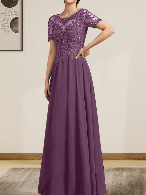 Vestido de gasa con encaje y lentejuelas para madre de la novia, largo hasta el suelo, con escote en A y ilusión