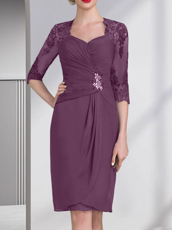 Vestido de gasa para madre de la novia con escote corazón, largo hasta la rodilla, con apliques de cuentas, encaje y lentejuelas plisado.