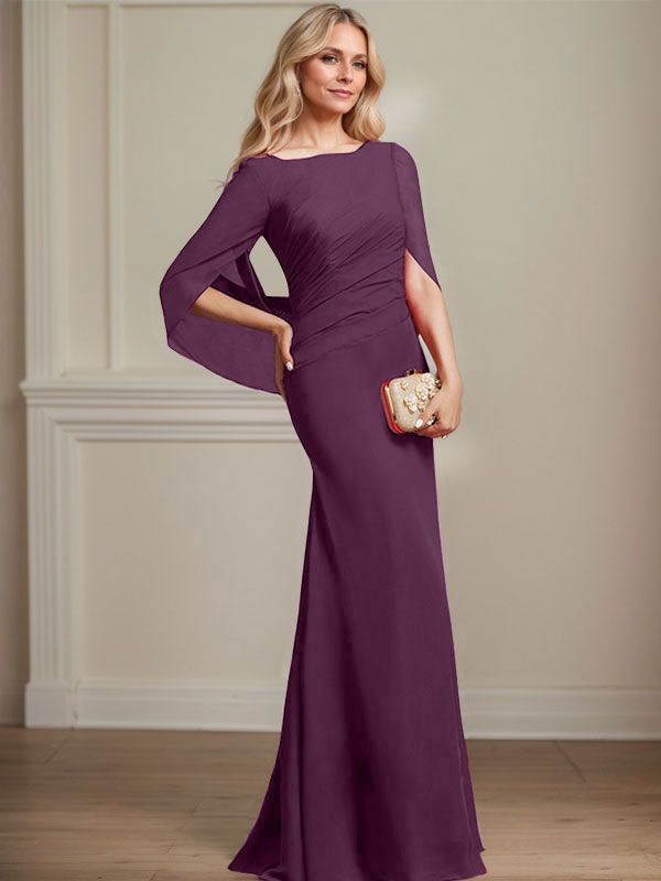 Vestido de madre de la novia de gasa con escote barco, corte trompeta/sirena, largo hasta el suelo, con pliegues