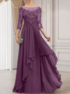 Vestido de gasa con encaje, corte A, escote ilusión, largo hasta el suelo, para madre de la novia con volantes en cascada