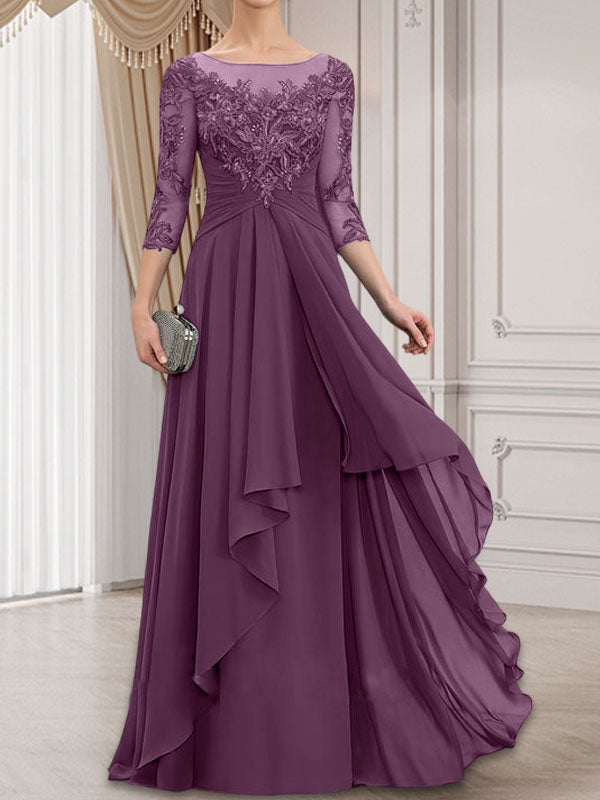 Vestido de gasa con encaje, corte A, escote ilusión, largo hasta el suelo, para madre de la novia con volantes en cascada