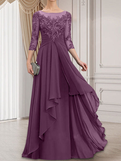 A-line Scoop Illusion Floor-Length Lace Chiffon Mother of the Bride Dress With Cascading Ruffles