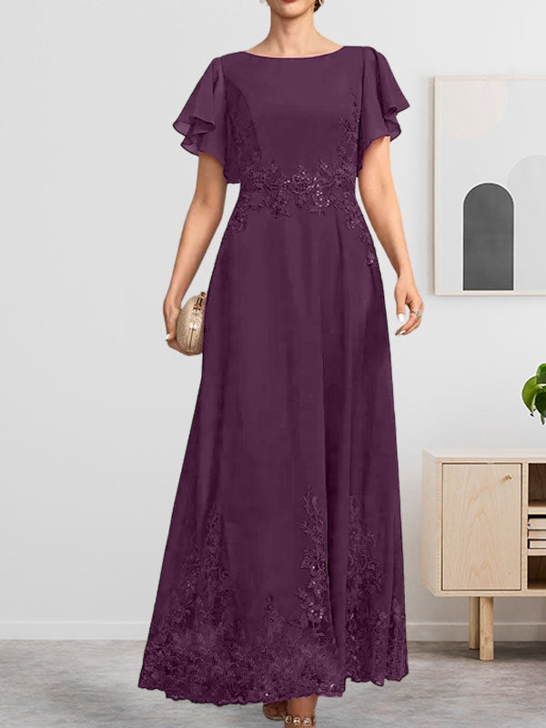 A-Linie U-Ausschnitt Knöchellang Spitzen-Chiffon-Kleid für die Brautmutter mit Pailletten