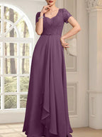Vestido de madre de la novia de gasa con encaje, corte en A, escote corazón, largo hasta el suelo, con volantes en cascada y cuentas