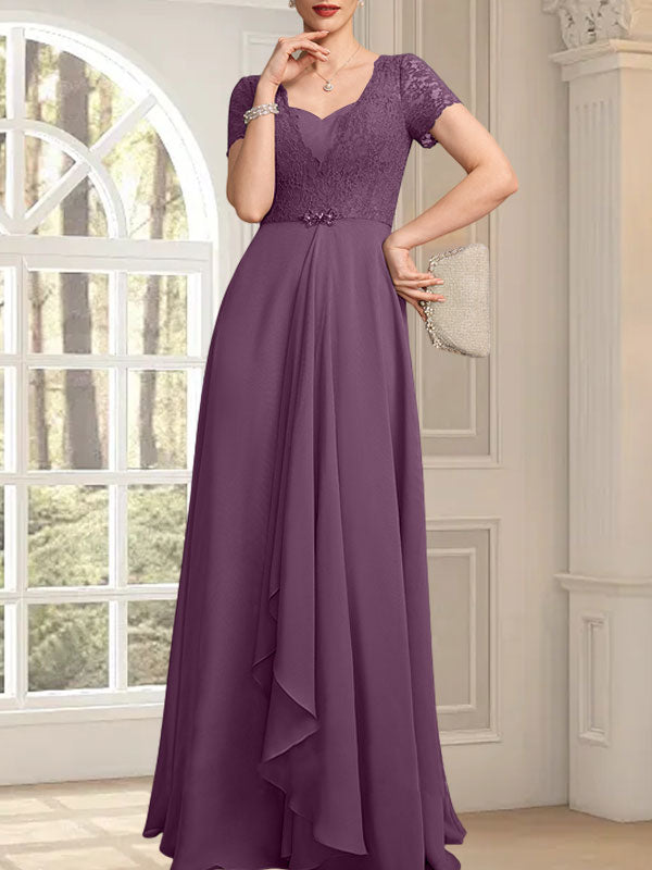 Vestido de madre de la novia de gasa con encaje, corte en A, escote corazón, largo hasta el suelo, con volantes en cascada y cuentas