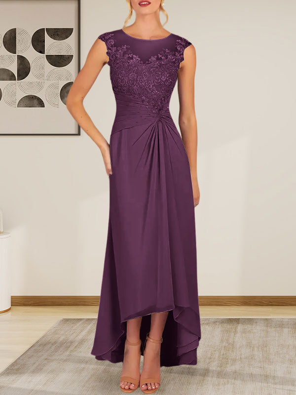 Vestido de gasa con encaje y escote redondo en forma de A color champán
