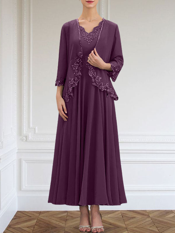 Vestido de gasa para madre de la novia, corte A, escote en V, largo hasta los tobillos, con apliques de lentejuelas, encaje y cuentas