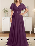 Vestido de gasa para madre de la novia, corte A, escote en V, largo hasta el suelo, con broche de cristal y plisado