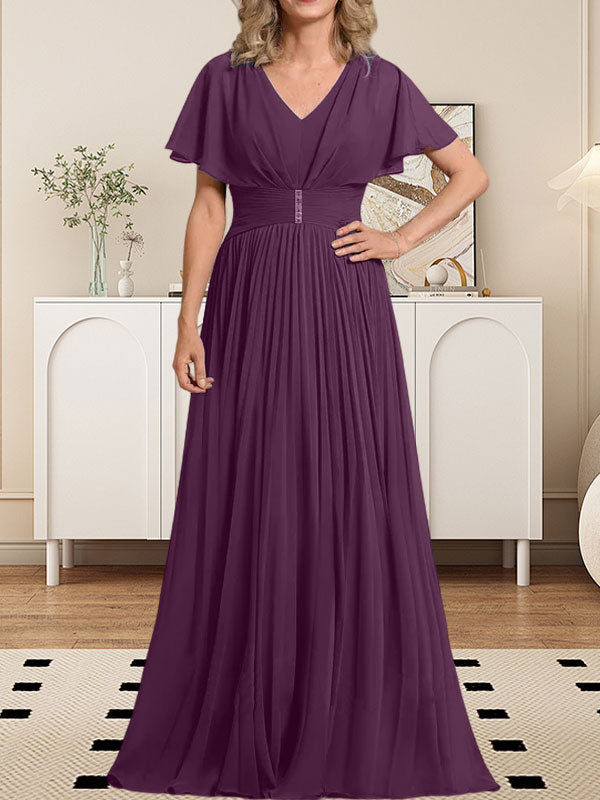 Vestido de gasa para madre de la novia, corte A, escote en V, largo hasta el suelo, con broche de cristal y plisado