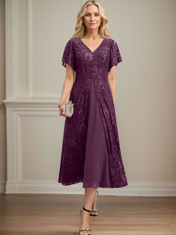 Vestido de gasa con encaje y escote en V para madre de la novia, largo hasta la rodilla