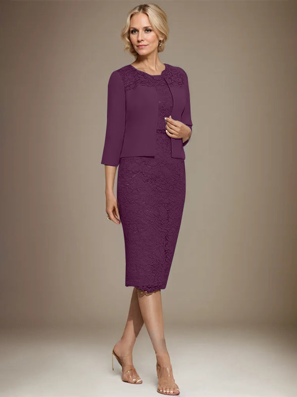 Vestido de gasa con encaje y cuentas para madre de la novia, largo hasta la rodilla, con escote redondo y corte columna