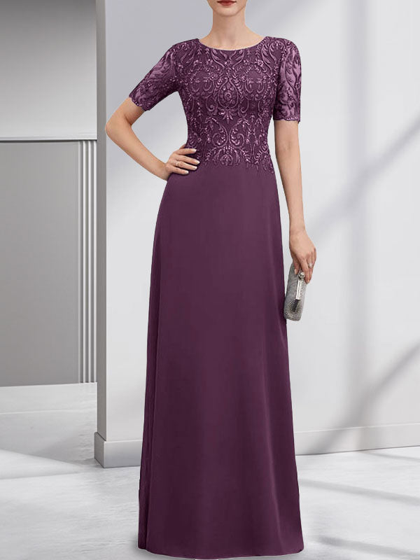 Vestido de gasa con encaje y lentejuelas para madre de la novia, corte A, largo hasta el suelo