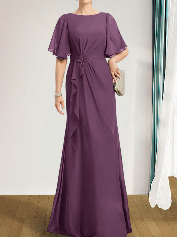 Vestido de gasa para madre de la novia, corte A, escote redondo, largo hasta el suelo, con volantes en cascada, cuentas y lentejuelas