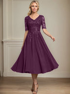 Vestido de gasa con encaje y lentejuelas para madre de la novia, corte A, escote en V y largo hasta la rodilla