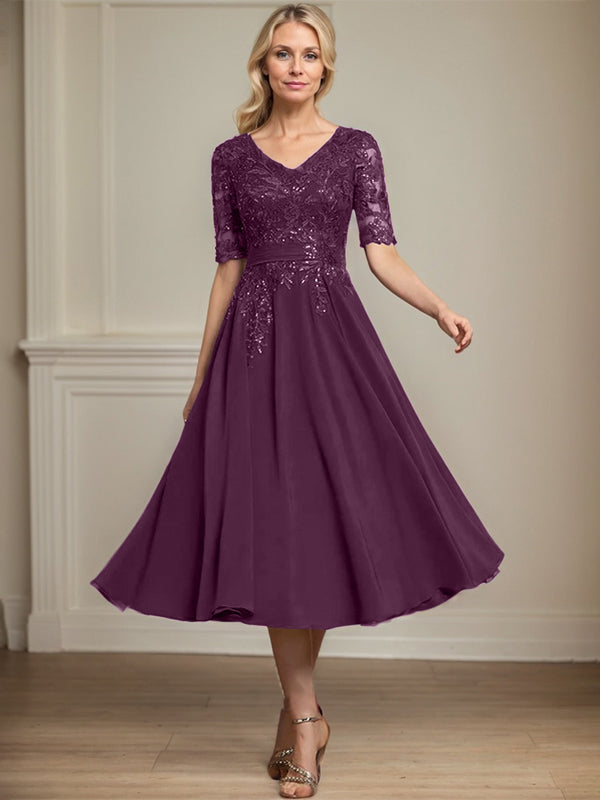 Vestido de gasa con encaje y lentejuelas para madre de la novia, corte A, escote en V y largo hasta la rodilla