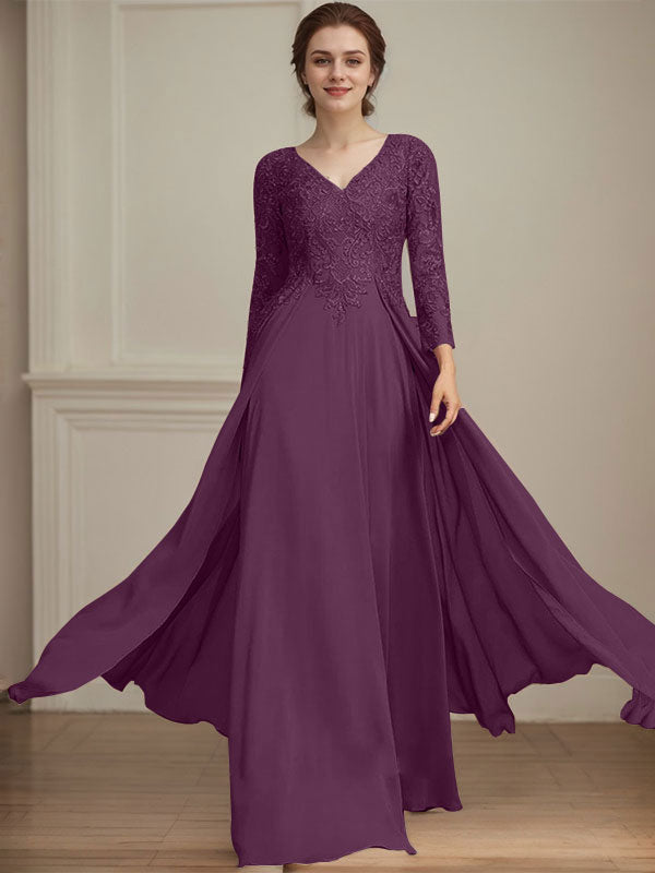 Vestido de madre de la novia de gasa con encaje, escote en V y lentejuelas, largo hasta el suelo