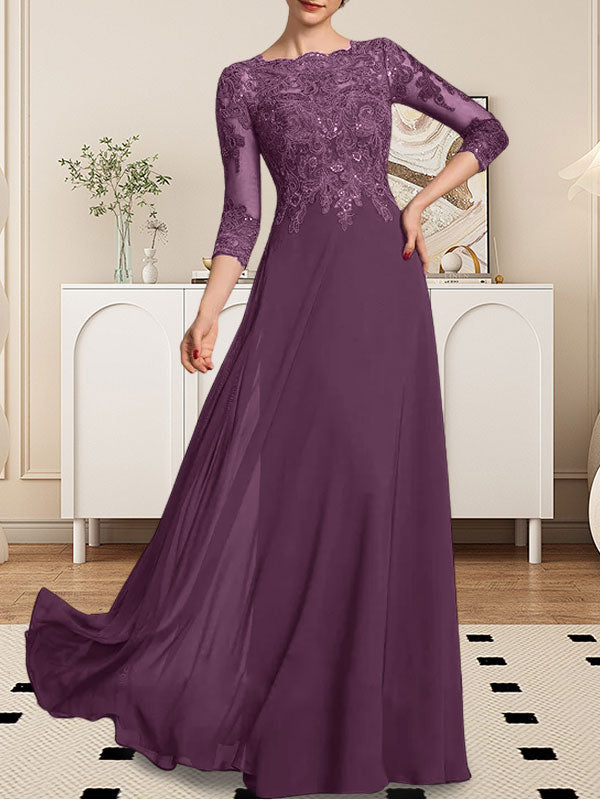 Vestido de gasa con encaje y lentejuelas para madre de la novia, corte A, largo hasta el suelo