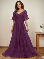 Vestido de gasa para madre de la novia, corte A, escote en V, largo hasta el suelo, con apliques de lentejuelas y encaje plisado